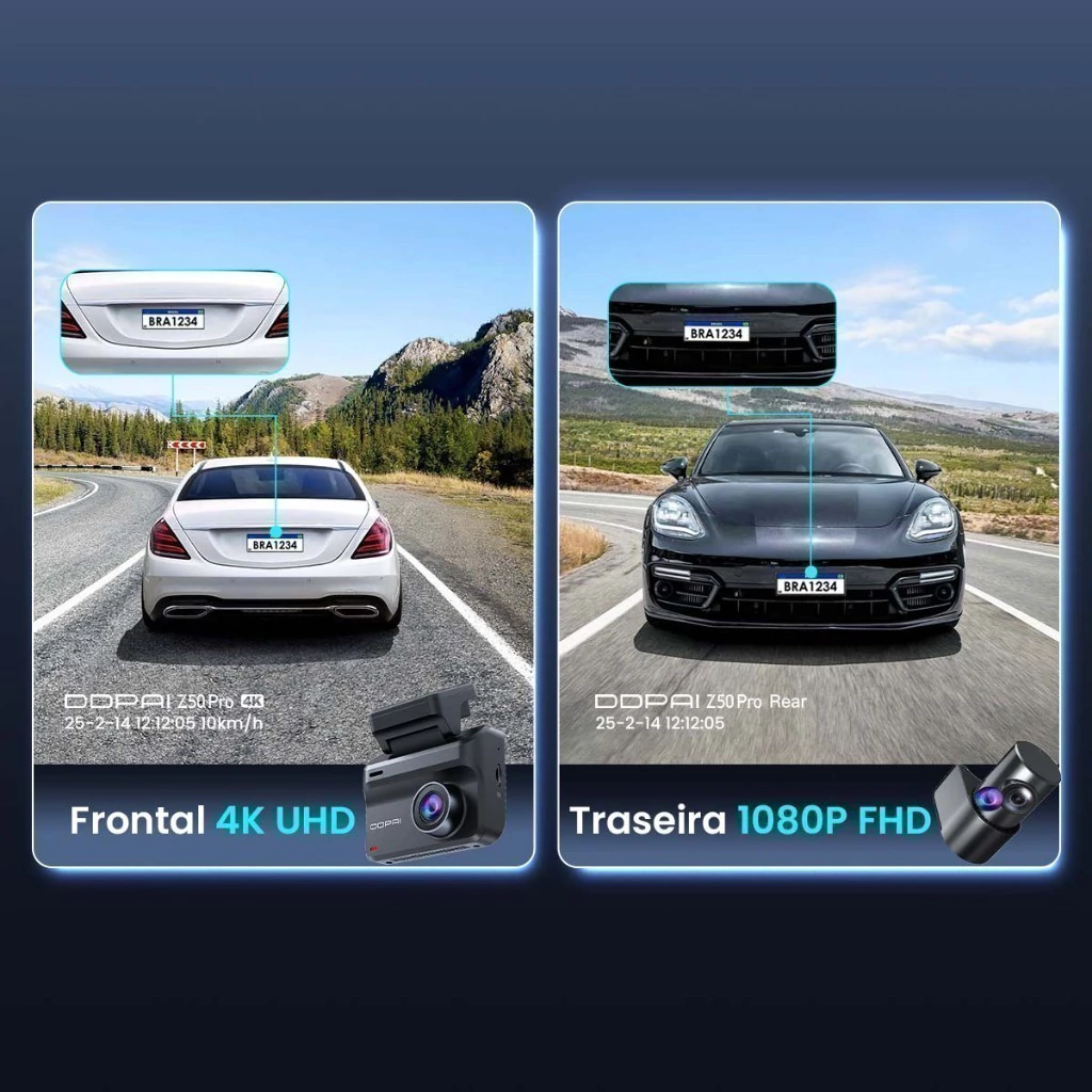 Comparativo de gravação frontal 4K UHD e traseira 1080P Full HD com placas legíveis