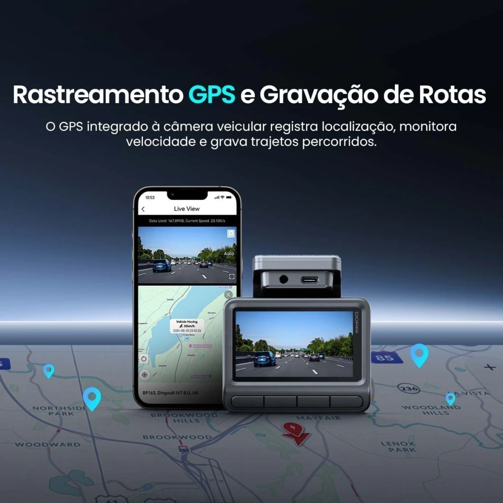 Rastreamento GPS e gravação de rotas exibidos no aplicativo da câmera