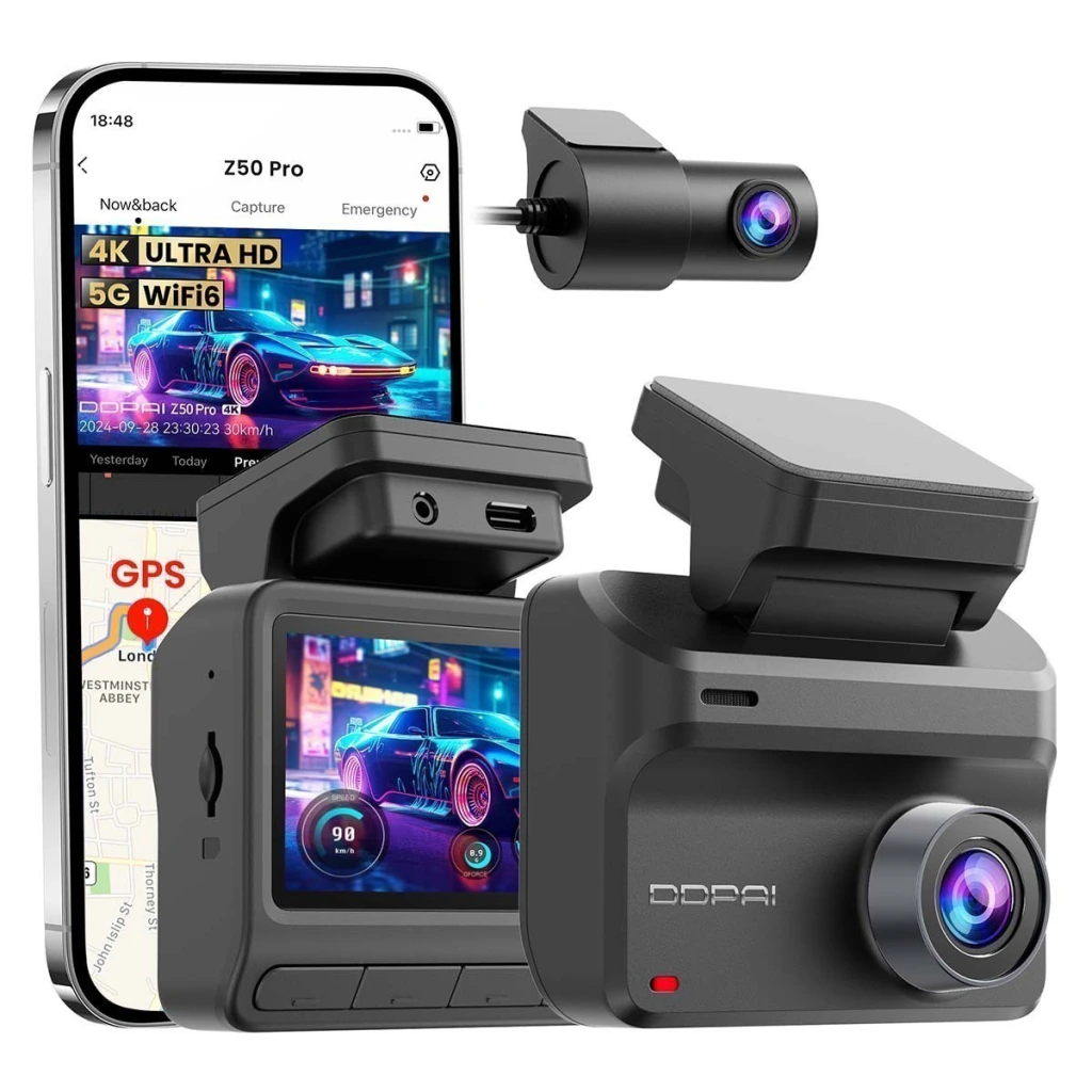 Câmera veicular DDPAI Z50 Pro com câmera traseira e app no celular